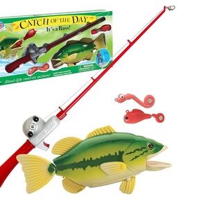 Bass Fishing Toy Set with Red Rod and Green Fish